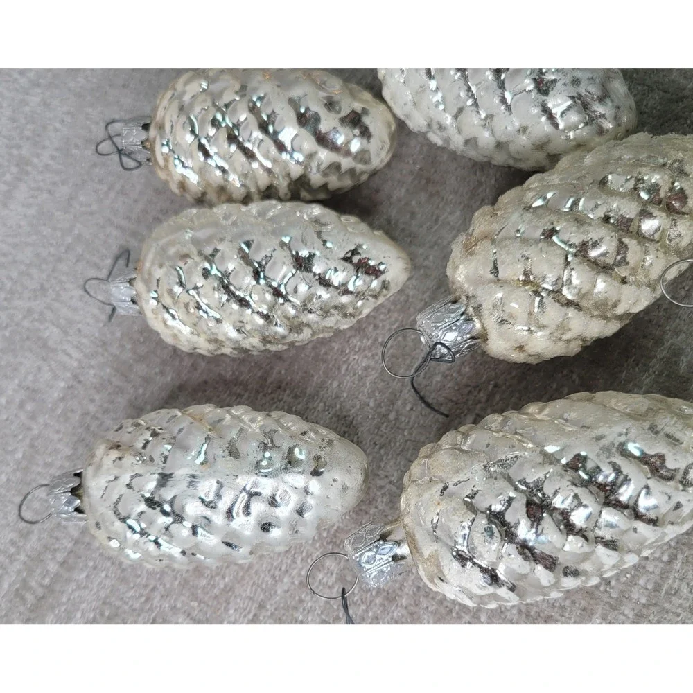 Set of 8 Vintage Mercury Glass Snowy Pinecone Christmas Ornaments Silver White